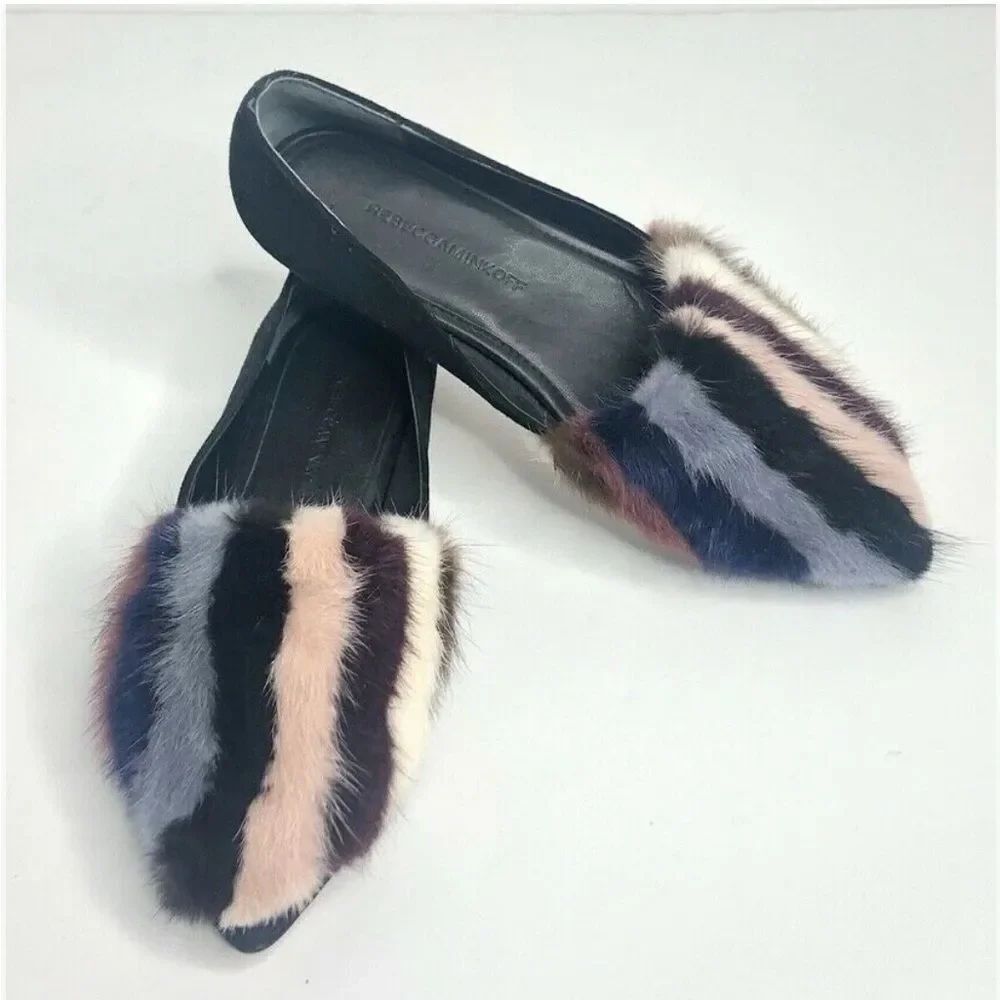 Rebecca Minkoff Amelie Suede & Striped Mink Fur Flats, Women’s Sz 6